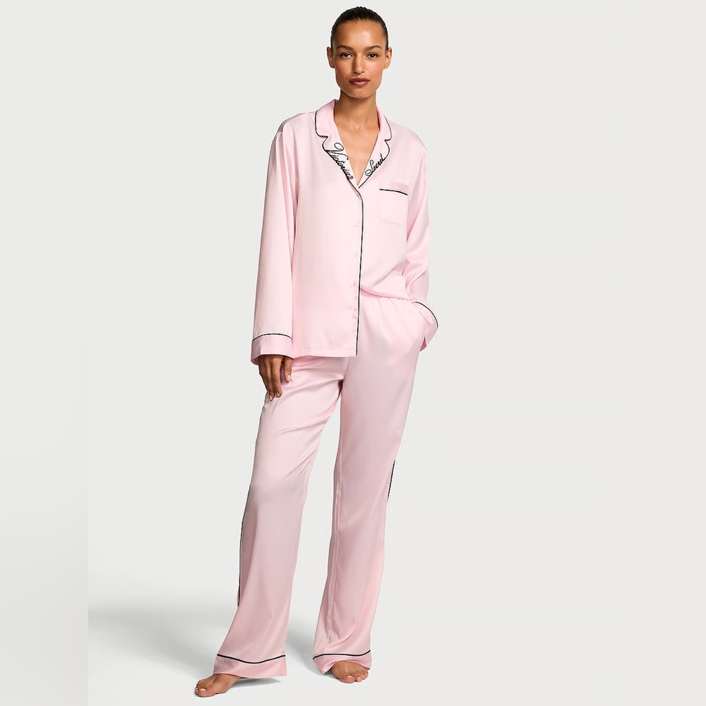 NWT VICTORIA'S SECRET Glazed Satin‎ Neck Embroidered Long Pajama Set